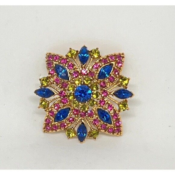 Brooch & Earrings Set Vtg Colorful Art Deco Floral Rhinestone Blue Pink Yellow - Picture 3 of 10